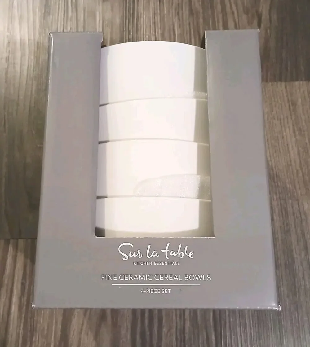 Set of 4 Sur La Table Kitchen Essentials Fine Ceramic Cereal Bowls - White 5.75